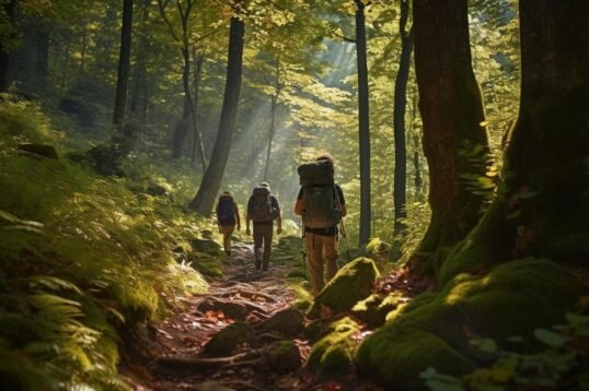 Hikers practicing Leave No Trace principles on a serene trail in a lush forest.