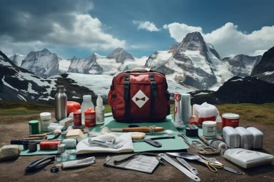 Hiking first aid kit essentials against scenic mountain backdrop. Safety and beauty intertwined.