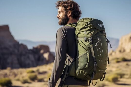 A hiker confidently navigates rugged terrain with the Osprey Atmos 65 AG backpack.