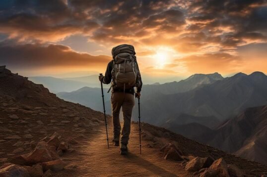 "A seasoned hiker expertly navigates a forested mountain trail with trekking poles."