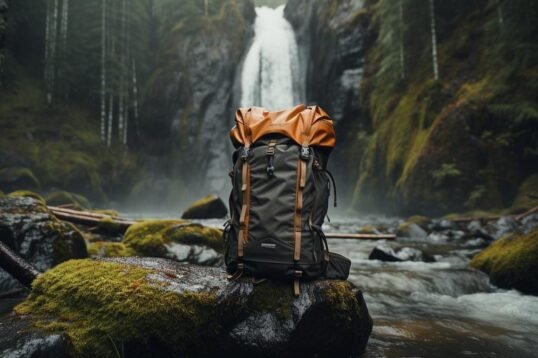 A durable and functional waterproof hiking backpack blending seamlessly with nature's elements.