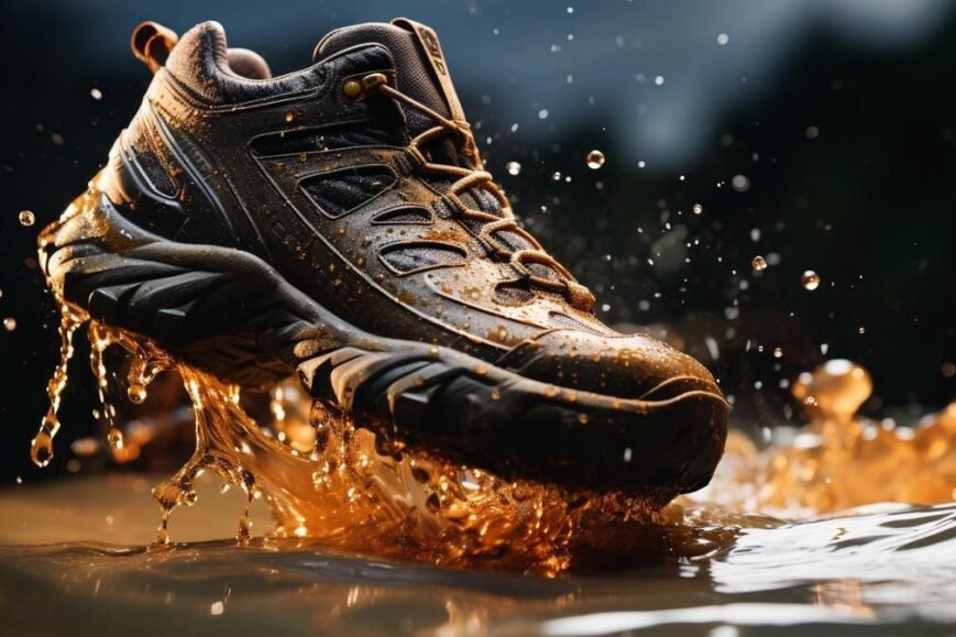 Hiking shoes triumphantly conquering nature's elements, showcasing durability and innovation.